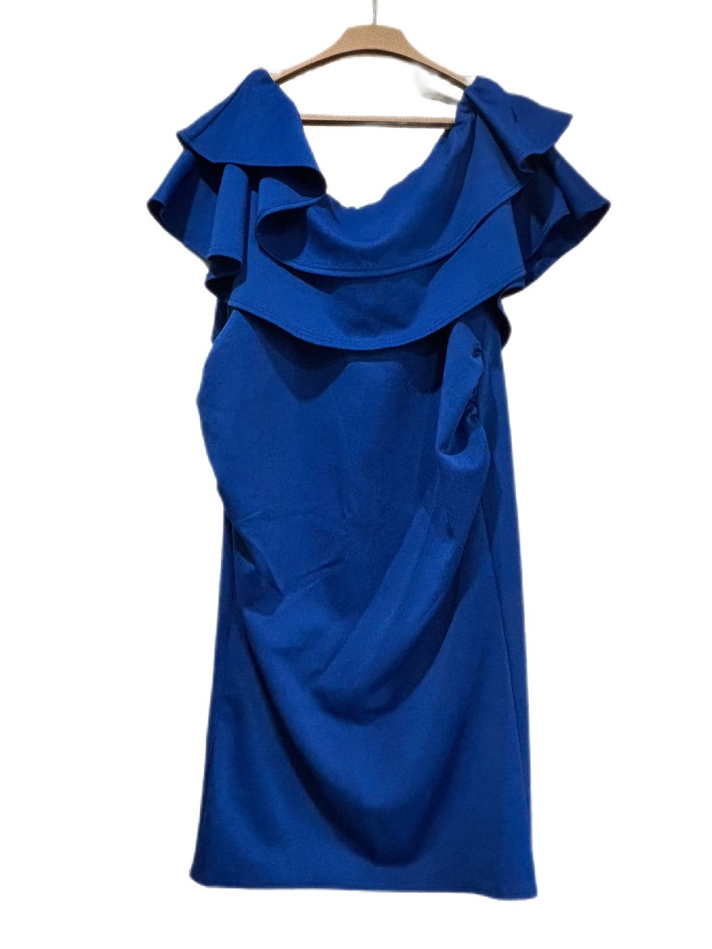 ASOS Cobalt Blue Off-the-Shoulder Ruffle Sheath Dress - Size 12 EUC